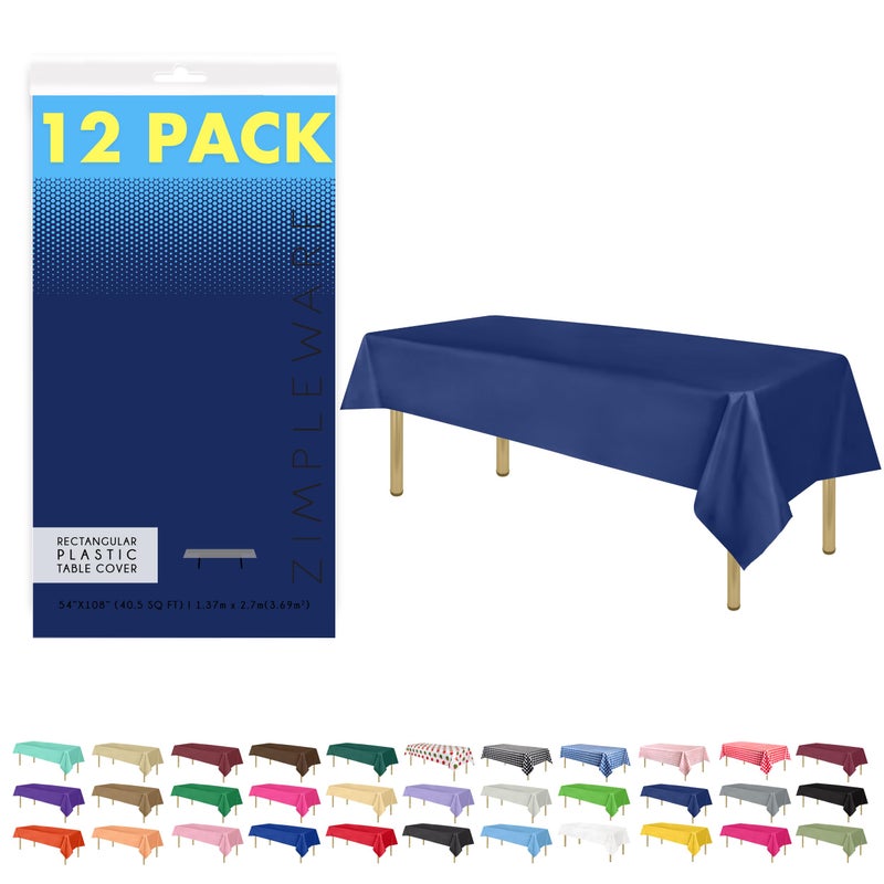 ZIMPLEWARE Premium Navy Blue Plastic Table Cloth Disposable (12 Pk) Plastic Tablecloths for Rectangle Tables (54in x 108in) Party Table Cloths Disposable for 6ft to 8ft Rectangle Tables - Image 1